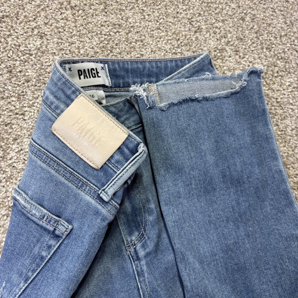 Paige Cindy High Rise Straight Jeans Womens 26 Blue Raw Hem Distressed Denim